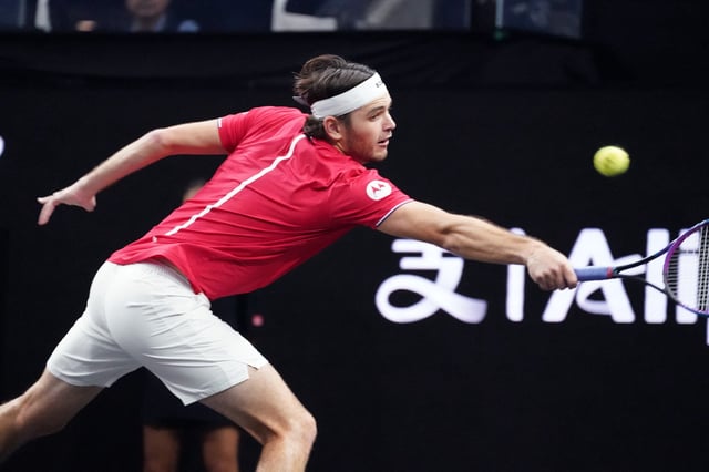 Sep 21, 2025; San Francisco, CA, USA;  Team World player Taylor Fritz returns the ball from Team Europe player Alexander Zverev during the Laver Cup at Chase Center. Mandatory Credit: David Gonzales-Imagn Images