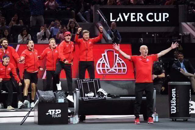 Sep 20, 2025; San Francisco, CA, USA;  Team World captain Andre Agassi celebrates Team World player Francisco Cerundolo's victory over Team Europe player Holger Rune during the Laver Cup at Chase Center. Mandatory Credit: David Gonzales-Imagn Images