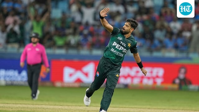 Pakistan's Haris Rauf celebrates the wicket of India's Sanju Samson during the Asia Cup cricket match between India and Pakistan at Dubai International Cricket Stadium