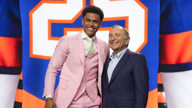 Jun 27, 2025; Los Angeles, California, USA; Kashawn Aitcheson is selected as the 17th overall pick to the New York Islanders in the first round of the 2025 NHL Draft at Peacock Theater. Mandatory Credit: Kirby Lee-Imagn Images