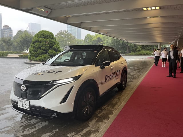 Japanese automaker Nissan's test vehicle featuring an automated driving system packed with artificial intelligence is shown to the media in Tokyo on Sept. 11, 2025. (AP Photo/Yuri Kageyama)