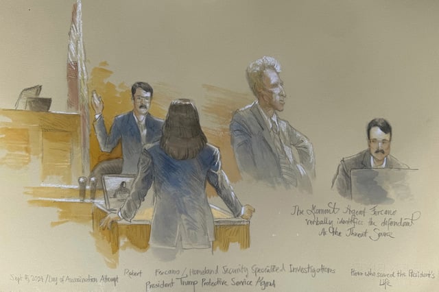 This courtroom sketch shows Secret Service agent Robert Fercano identifying the defendant in the trial of Ryan Routh, who is charged with attempting to assassinate Donald Trump last year at a golf course in South Florida, Thursday, Sept. 11, 2025, in Fort Pierce, Fla. (Lothar Speer via AP)