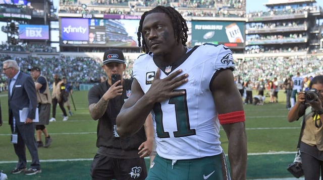 Sep 21, 2025; Philadelphia, Pennsylvania, USA; Philadelphia Eagles wide receiver AJ. Brown (11) walks off the field after win against the Los Angeles Rams at Lincoln Financial Field. Mandatory Credit: Eric Hartline-Imagn Images