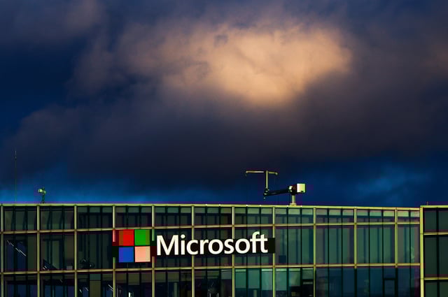 A view shows a Microsoft logo at Microsoft offices in Issy-les-Moulineaux near Paris, France, January 9, 2025. REUTERS/Gonzalo Fuentes/ File Photo