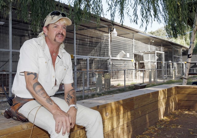 Joe Exotic, real name Joseph Maldonado, answers a question during an interview at the zoo he runs in Wynnewood, Oklahoma on 28 August 28, 2013.