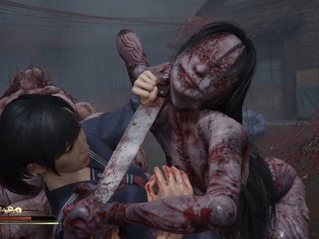 Hinako holds back a blind mannequin woman trying to stab her