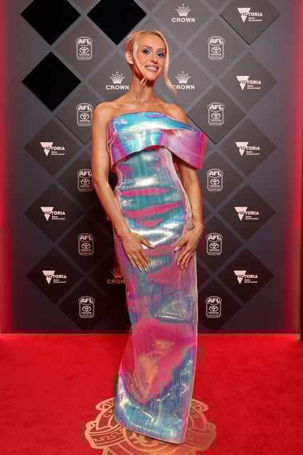 MELBOURNE, AUSTRALIA - SEPTEMBER 22: Lexi Mary, partner of Rory Lobb of the Bulldogs arrives at the 2025 Brownlow Medal on September 22, 2025 in Melbourne, Australia. (Photo by Morgan Hancock/Getty Images)