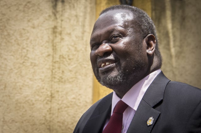 FILE - South Sudan's rebel leader Riek Machar speaks to the media about the situation in South Sudan following a peace agreement the week before with the government, in Addis Ababa, Ethiopia, Monday, Aug. 31, 2015. (AP Photo/Mulugeta Ayene, File)