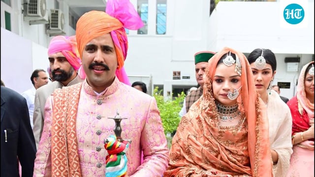 Himachal Pradesh minister Vikramaditya Singh with Amreen Kaur Sekhon after their wedding in Chandigarh on Monday. (Ravi Kumar/HT)