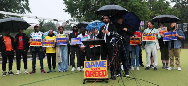 New York City mayoral candidate Zohran Mamdani holds a press conference announcing his campaign’s petition urging FIFA to drop dynamic ticket pricing for next summer’s World Cup.