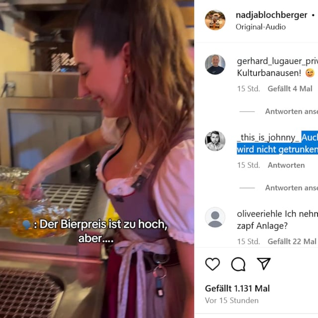 Wiesn-Bedienung Nadja Blochberger schüttet halbvolle Gläser aus