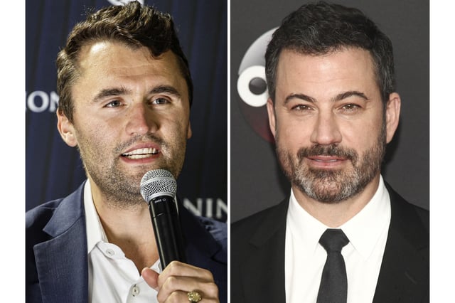 Charlie Kirk, left, speaks during a town hall meeting in Oconomowoc, Wisconsin, on March 17, and Jimmy Kimmel appears at the Disney/ABC/Freeform Upfront Party in New York on May 15, 2018.
