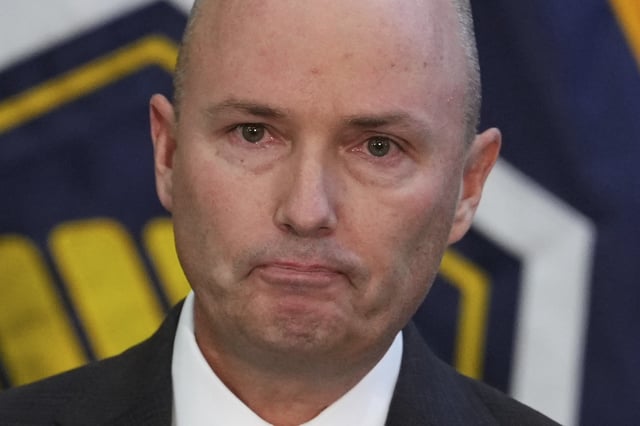 Utah Gov. Spencer Cox speaks at a news conference following the shooting of Charlie Kirk, Friday, Sept. 12, 2025, in Orem, Utah. (AP Photo/Lindsey Wasson)