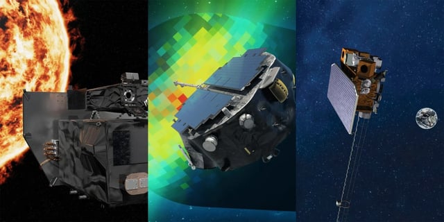 From left to right, NASA’s Carruthers Geocorona Observatory, IMAP (Interstellar Mapping and Acceleration Probe), and the NOAA’s Space Weather Follow On-Lagrange 1 (SWFO-L1) missions. (NASA)