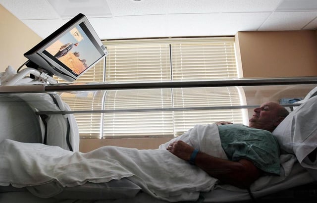 Wayne Tart of Clinton, North Carolina lies in a hyperbaric chamber at Cape Fear Valley Wound Care Center Aug. 4, 2010, in Fayetteville, North Carolina. (Chris Hondros/Getty Images North America/TNS)