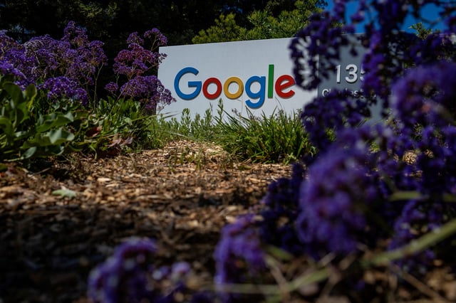 A Google logo is seen at a company research facility in Mountain View, California, U.S., May 13, 2025. REUTERS/Carlos Barria/File Photo