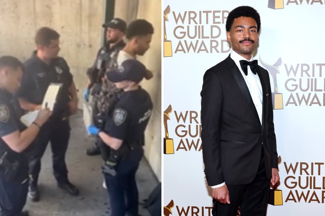 L: A screenshot from Alex O'Keefe's Instagram video which shows him being arrested. R: Alex O'Keefe attends the 2023 Writers Guild Awards West Coast Ceremony at Fairmont Century Plaza on March 05, 2023 in Los Angeles, California.
