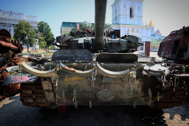 This image taken on June 20, 2023 in Kyiv shows a destroyed Russian T-90 tank, the model on which the ІМR-3М engineering and obstacle clearing vehicle is built on.