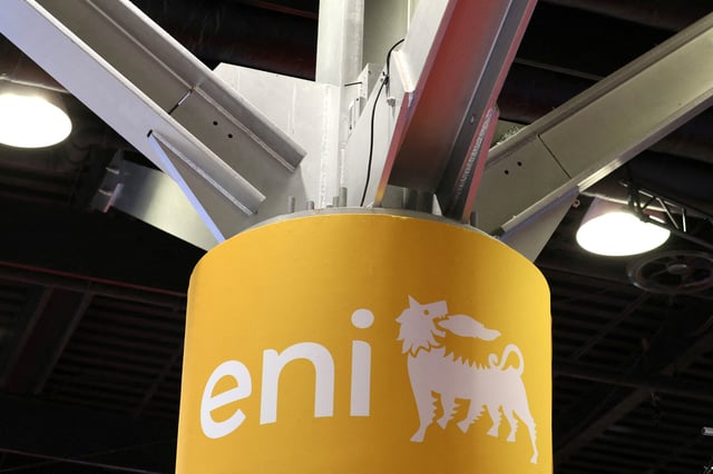 The logo of Italian multinational energy company Eni is displayed at their booth during the LNG 2023 energy trade show in Vancouver, British Columbia, Canada, July 12, 2023. REUTERS/Chris Helgren/File Photo
