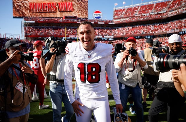 San Francisco 49ers kicker Eddy Pineiro (18) smiles after kicking the game-winning field goal against the Arizona Cardinals to win 16-15 at Levi’s Stadium in Santa Clara, Calif., on Sunday, Sept. 21, 2025. (Nhat V. Meyer/Bay Area News Group)
