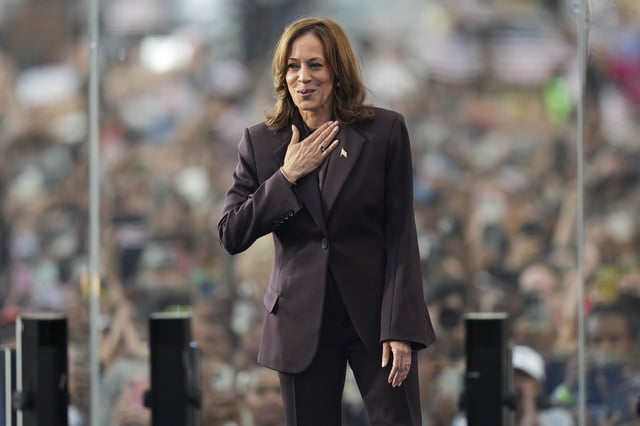 Vice President Kamala Harris gestures as she delivers her concession speech on Nov. 6, 2024, on the campus of Howard University in Washington. 