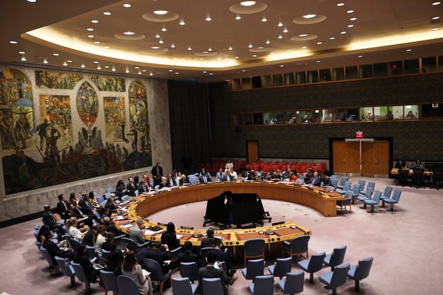 Members of the United Nations Security Council vote on a ceasefire resolution during a meeting on the situation in the Middle East, including the Palestinian question at the United Nations headquarters on September 18, 2025 in New York City.