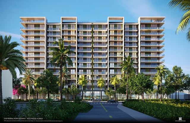 A rendering shows the 14-story 21 Hollywood luxury condo project in Hollywood, which is under construction and in part is being financed by foreign investors seeking residency in the United States. (Kobi Karp Architecture/Courtesy)