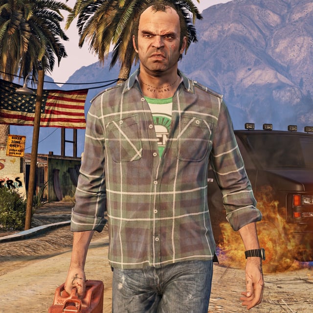 Trevor walks away from a burning van in Grand Theft Auto 5.
