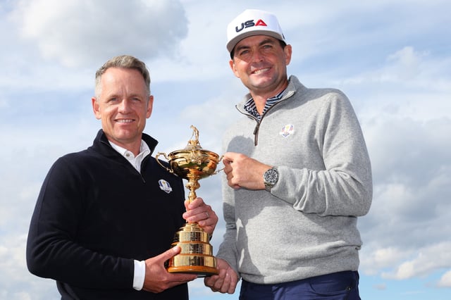 NEW YO, NEW YORK - OCTOBER 08: Team Captains Luke Donald of England and Keegan Bradley of The United States pose for a photograph with the Ryder Cup Trophy during the Ryder Cup 2024 Year to Go Media Event at the Statue of Liberty on October 08, 2024 in New York, New York. (Photo by Andrew Redington/Getty Images)