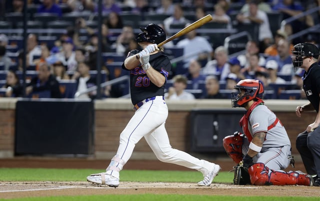 NEW YORK, NEW YORK - SEPTEMBER 19: Pete Alonso #20 of the New York Mets singles during the first inning against the Washington Nationals at Citi Field on September 19, 2025 in New York City. The Mets defeated the Nationals 12-6.