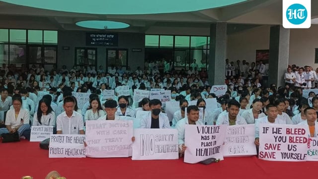 Manipur healthcare workers protest in front of the new OPD block at RIMS hospital over the assault of a doctor. (HT Photo)