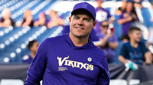 Aug 22, 2025; Nashville, Tennessee, USA; Minnesota Vikings head coach Kevin O'Connell walks to the field against the Tennessee Titan during the first half at Nissan Stadium. Mandatory Credit: Steve Roberts-Imagn Images