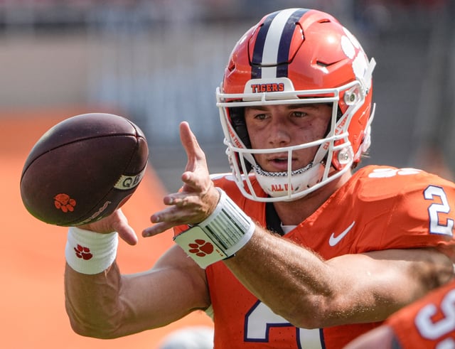 Sep 20, 2025; Clemson, South Carolina, USA; Clemson Tigers quarterback Cade Klubnik (2) takes a snap during pregame practice in Memorial Stadium before the game with the Syracuse Orange at Memorial Stadium. Mandatory Credit: Ken Ruinard/GREENVILLE NEWS-USA TODAY Network via Imagn Images