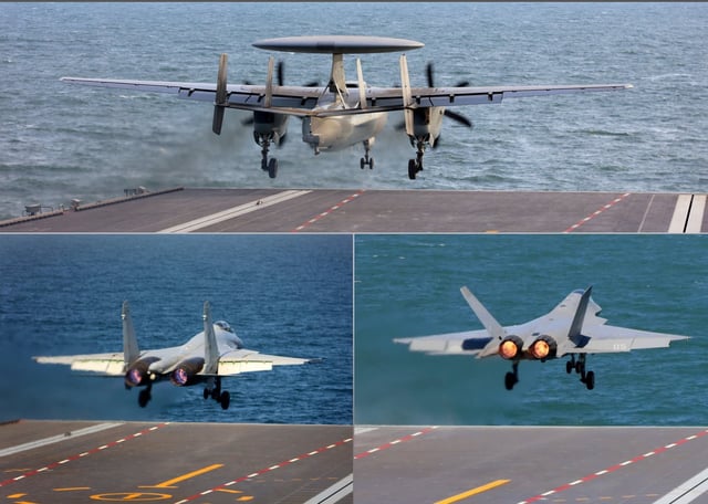 In these photos provided by the Chinese navy on September 22, 2025, a KJ-600 aircraft (top) and J-15T and J-35 fighter jets (bottom left and right) take off from the aircraft carrier CNS Fujian at an undisclosed sea location.