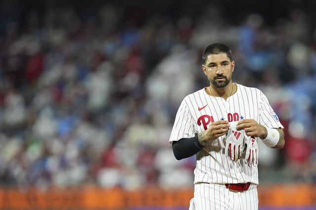 PHILADELPHIA, PENNSYLVANIA - AUGUST 31: Nick Castellanos #8 of the Philadelphia Phillies looks on against the Atlanta Braves at Citizens Bank Park on August 31, 2025 in Philadelphia, Pennsylvania. The Braves defeated the Phillies 3-1. (Photo by Mitchell Leff/Getty Images)
