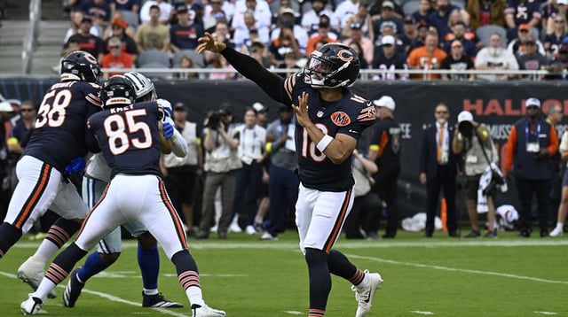 Sep 21, 2025; Chicago, Illinois, USA; Chicago Bears quarterback Caleb Williams (18) drops back to pass against the Dallas Cowboys during the first half at Soldier Field. Mandatory Credit: Matt Marton-Imagn Images