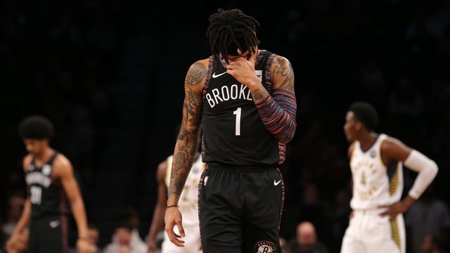 Dec 21, 2018; Brooklyn, NY, USA; Brooklyn Nets point guard D'Angelo Russell (1) reacts during the first quarter against the Indiana Pacers at Barclays Center. Mandatory Credit: Brad Penner-Imagn Images