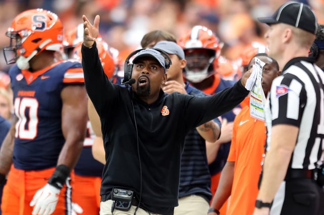 Head Coach Fran Brown of the Syracuse Orange reacts during the fourth quarter against the Georgia Tech Yellow Jackets at JMA Wireless Dome on September 07, 2024 in Syracuse, New York.