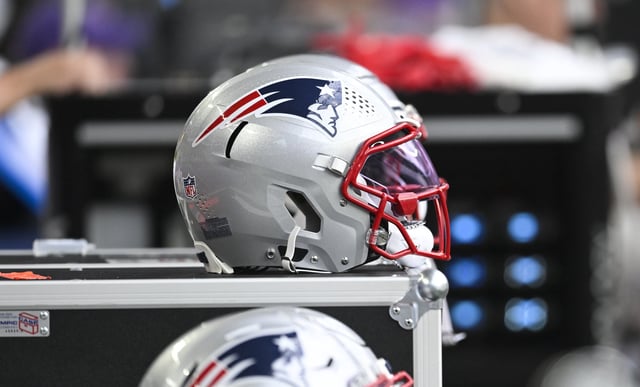 MINNEAPOLIS, MINNESOTA - AUGUST 16: A detail view of a New England Patriots helmet during the third quarter of the NFL Preseason 2025 game against the Minnesota Vikings at U.S. Bank Stadium on August 16, 2025 in Minneapolis, Minnesota.
