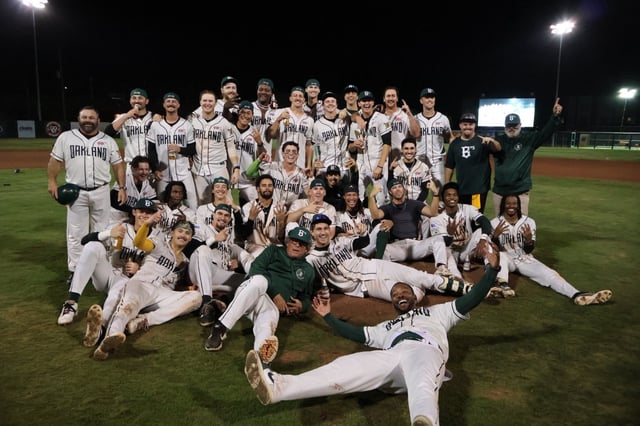 The Oakland Ballers celebrate their 2025 Pioneer League championship after beating the Idaho Falls Chukars in Game 5 at Raimondi Park in Oakland on Sept. 21, 2025. (Courtesy of the Oakland Ballers)