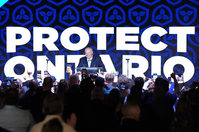 Ontario Progressive Conservative Leader Doug Ford speaks to supporters after he was re-elected as the Premier of Ontario in Toronto on Thursday, February 27, 2025. 
