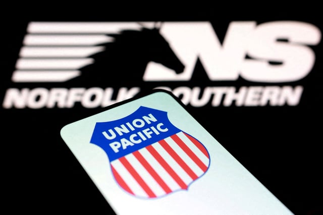 Union Pacific and Norfolk Southern logos are seen in this illustration taken August 5, 2025. REUTERS/Dado Ruvic/Illustration/File Photo