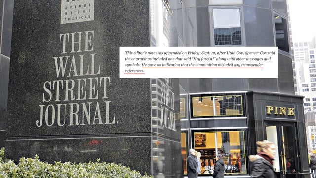 Screenshot from the editor's note appended to the Wall Street Journal's initial coverage of the bullet's inscriptions. Photo of Wall Street Journal corporate headquarters by John Wisniewski via Flickr.