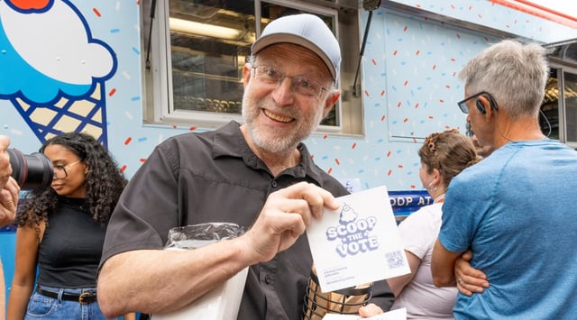 Jerry Greenfield, co-founder of Ben & Jerry’s, partnered with MoveOn to hand out free ice cream at Franklin Square in Philadelphia during their Scoop The Vote tour to get-out-the-vote for Vice President Kamala Harris and Democrats down the ballot. on Sept. 16, 2024 in Philadelphia, Pennsylvania. (Lisa Lake/Getty Images for MoveOn/Courtesy)