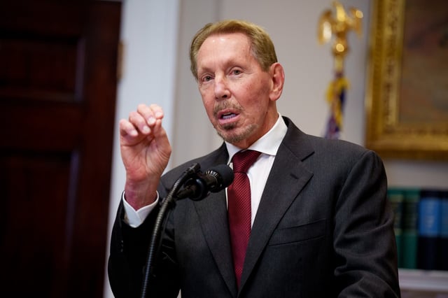 Oracle founder Larry Ellison speaks during a news conference with President Donald Trump in the Roosevelt Room of the White House on January 21, 2025 in Washington, D.C.