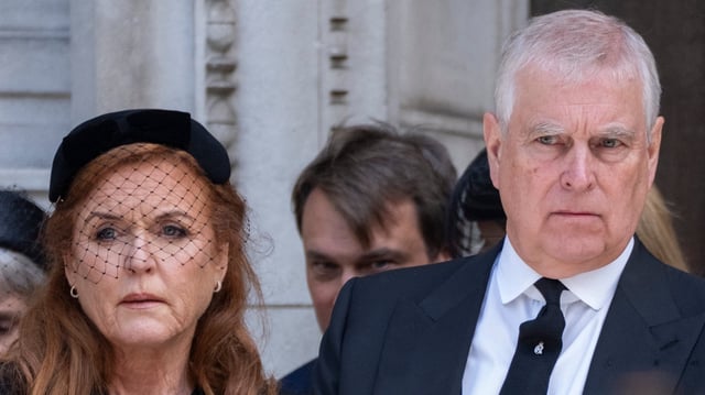 Prince Andrew, Duke of York and Sarah Ferguson, Duchess of York attend the funeral of Katharine, Duchess of Kent
