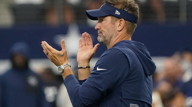Sep 14, 2025; Arlington, Texas, USA; Dallas Cowboys head coach Brian Schottenheimer looks on before the game against the New York Giants at AT&T Stadium. Mandatory Credit: Raymond Carlin III-Imagn Images