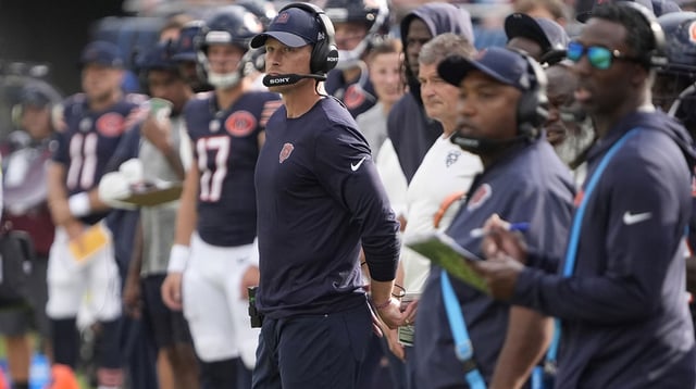 Sep 21, 2025; Chicago, Illinois, USA; Chicago Bears head coach Ben Johnson on the sidelines during the first half against the Dallas Cowboys at Soldier Field. Mandatory Credit: David Banks-Imagn Images