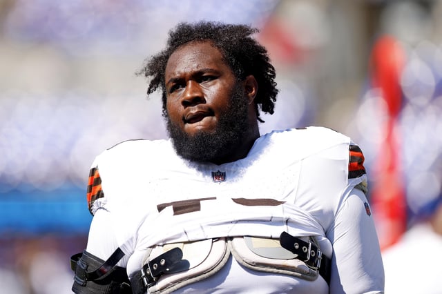 Sep 14, 2025; Baltimore, Maryland, USA; Cleveland Browns offensive tackle Dawand Jones (79) before the game against the Baltimore Ravens at M&T Bank Stadium. Mandatory Credit: Peter Casey-Imagn Images/File photo