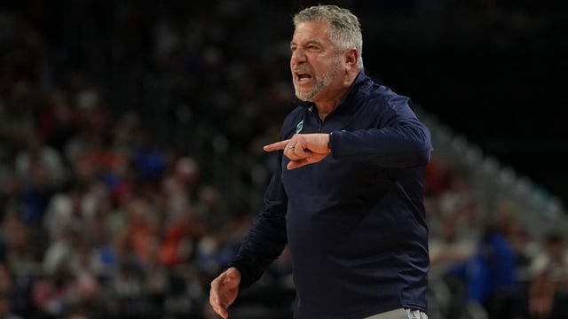 Apr 5, 2025; San Antonio, TX, USA; Auburn Tigers head coach Bruce Pearl reacts after a play against the Florida Gators during the second half in the semifinals of the men's Final Four of the 2025 NCAA Tournament at the Alamodome. Mandatory Credit: Bob Donnan-Imagn Images